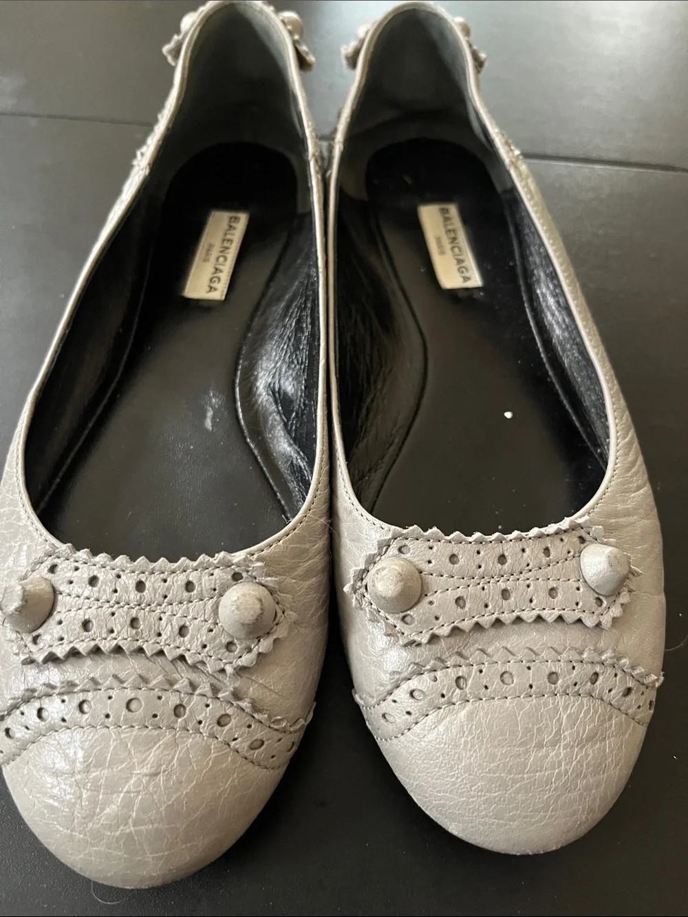 Balenciaga Women's Light Gray Leather Ballet Flats with Button Detail